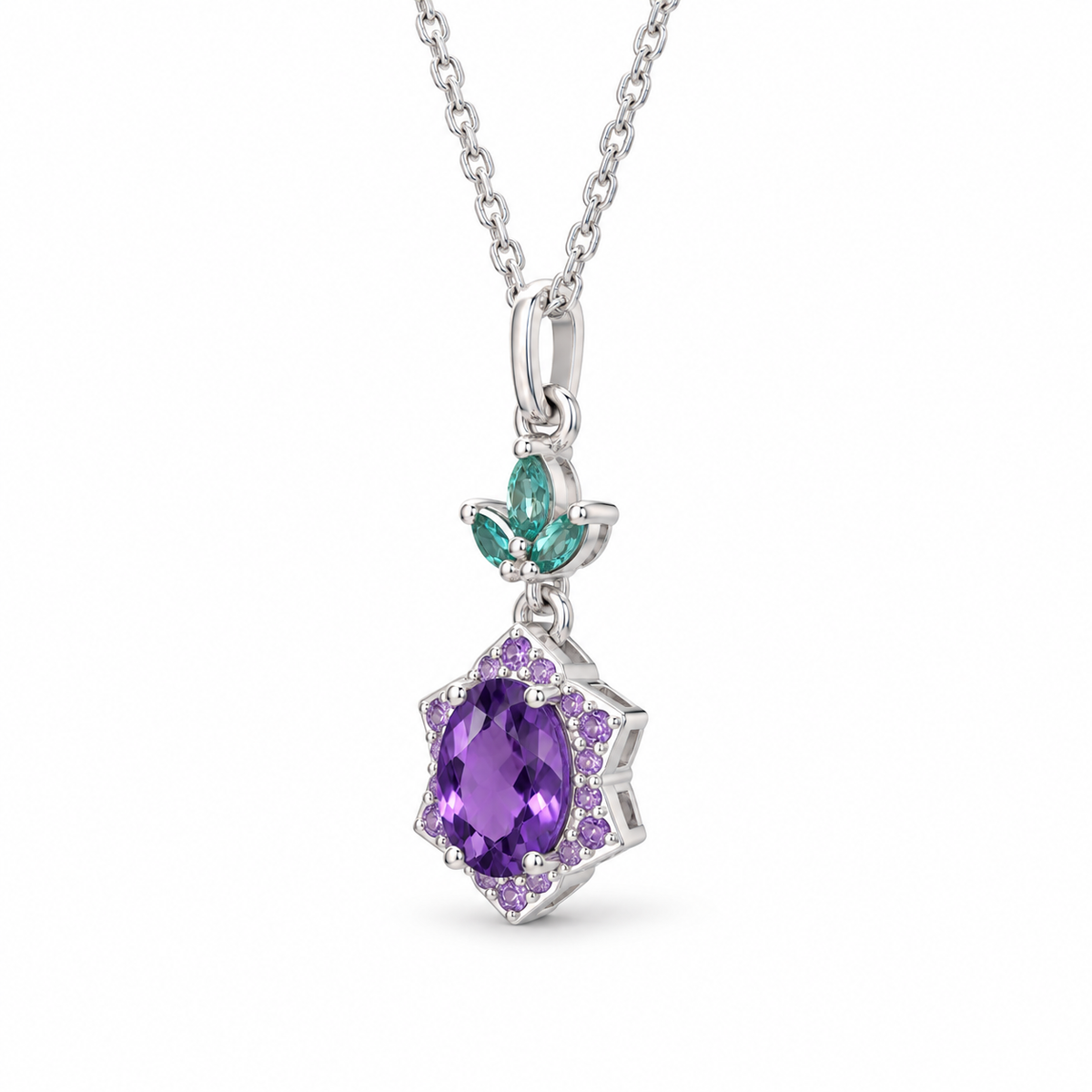 Oval Amethyst Star Halo Necklace in Sterling Silver — side view