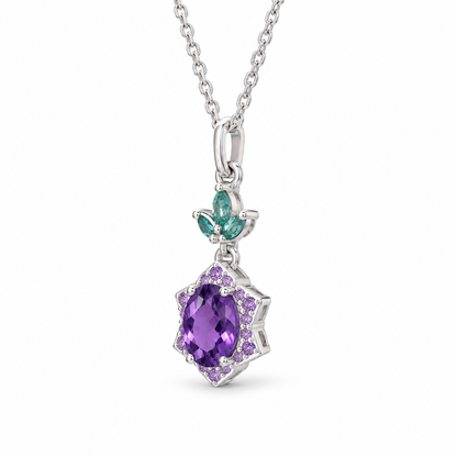 Oval Amethyst Star Halo Necklace in Sterling Silver — side view