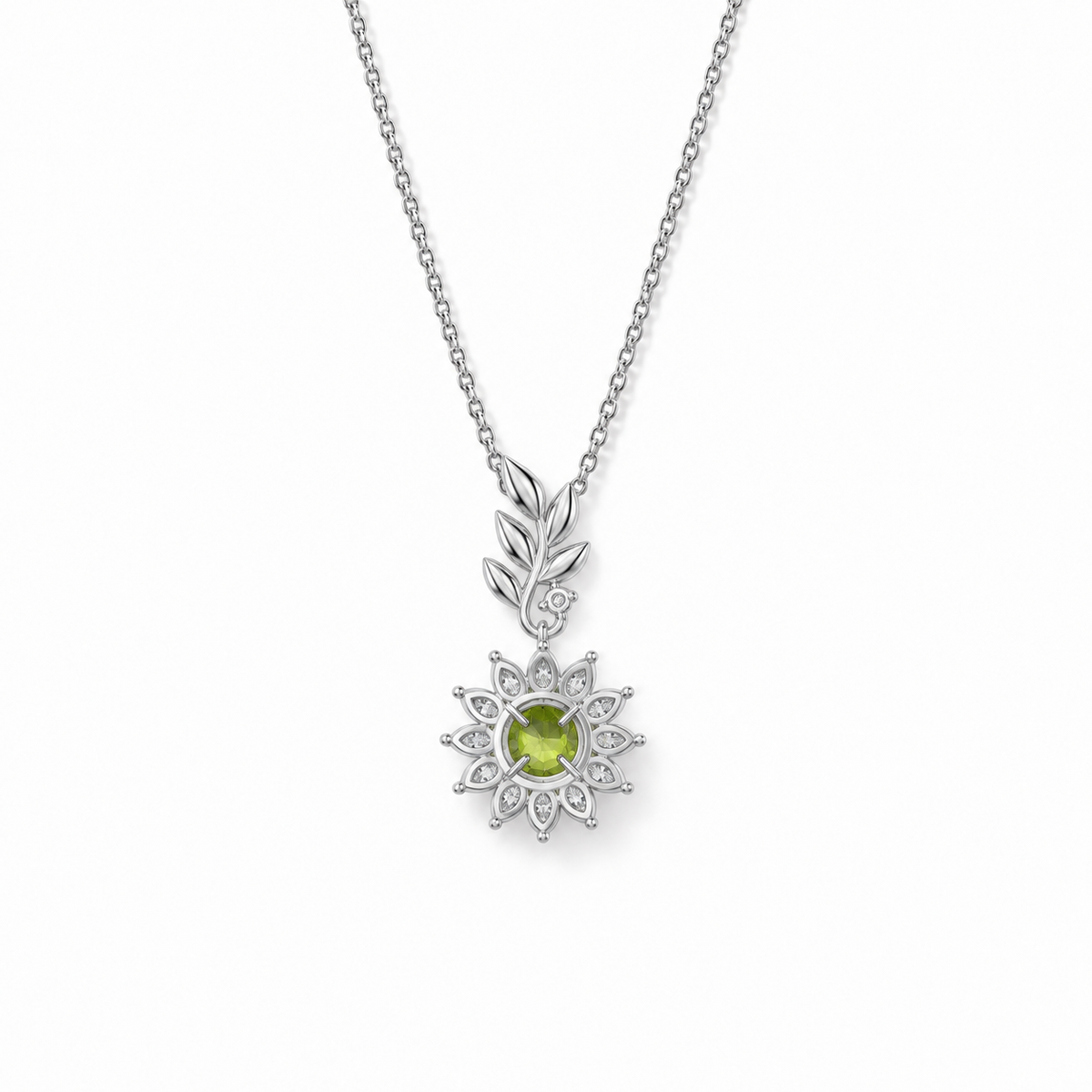 04 peridot sunflower sterling silver necklace back view on white