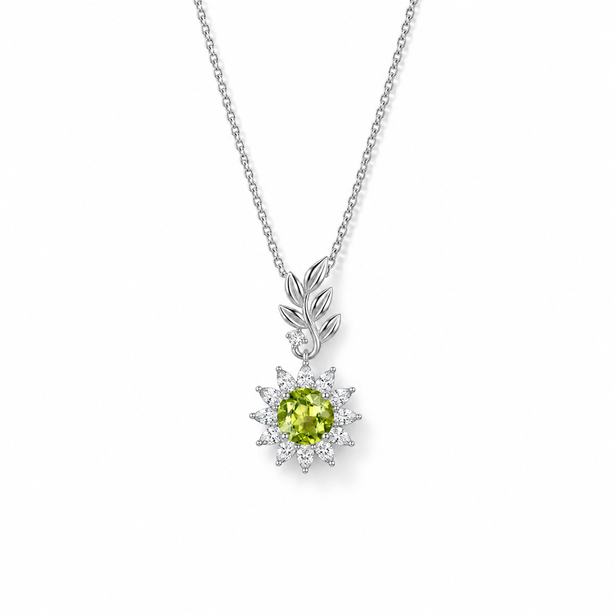 04 peridot sunflower sterling silver necklace front view on white