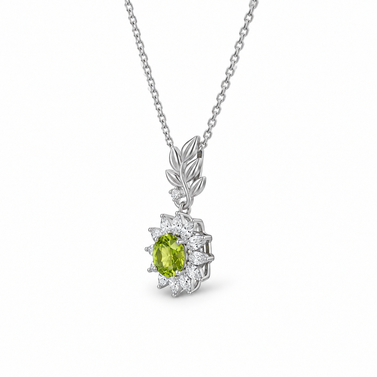 04 peridot sunflower sterling silver necklace side view on white