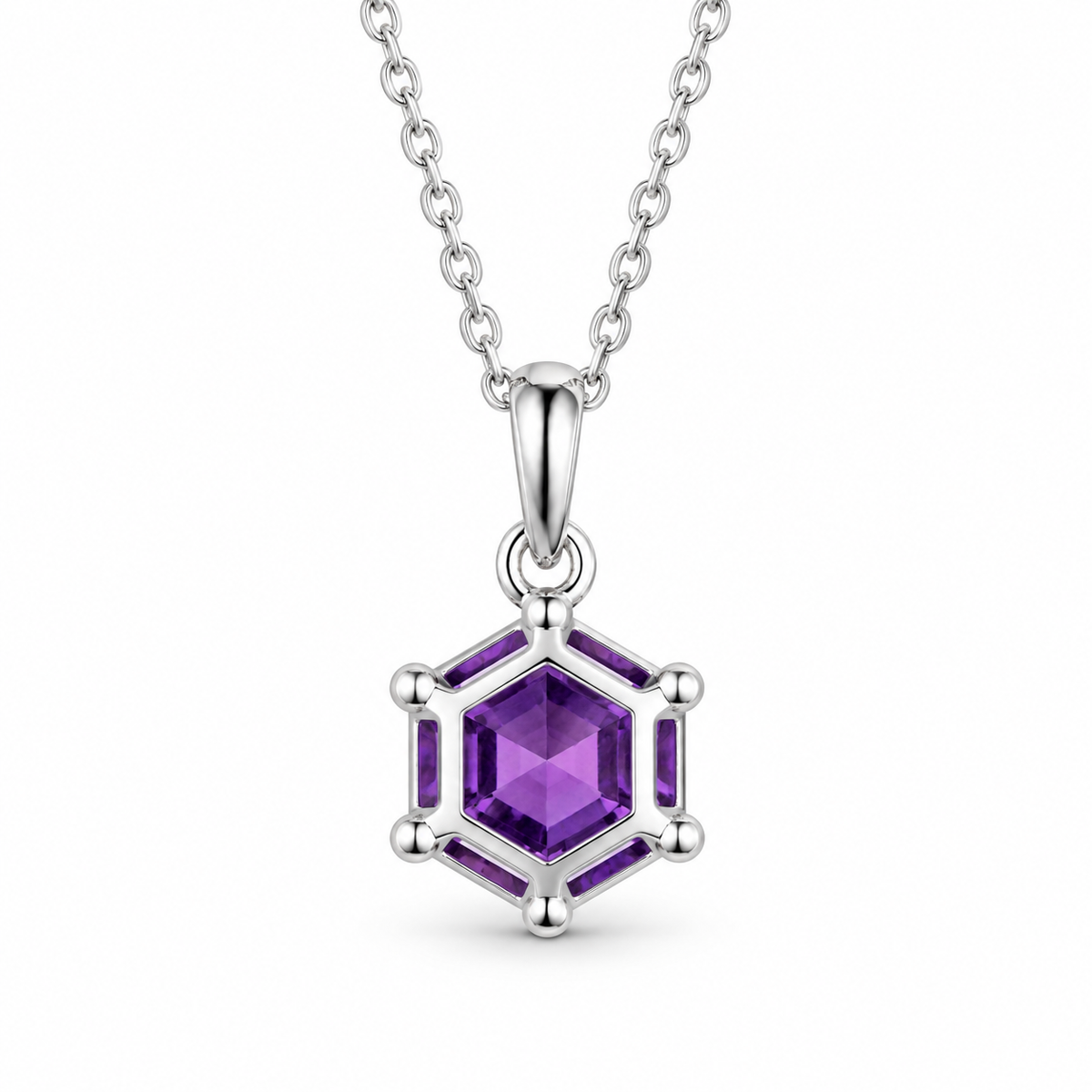 Hexagon Amethyst Vintage Necklace in Sterling Silver — back view