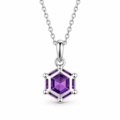 Hexagon Amethyst Vintage Necklace in Sterling Silver — back view
