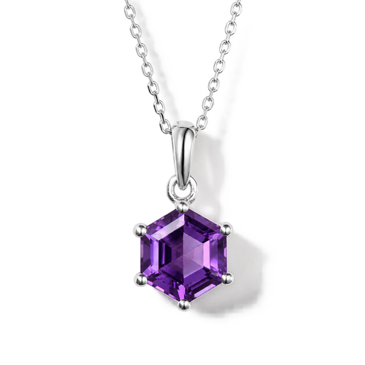 Hexagon Amethyst Vintage Necklace in Sterling Silver — front view