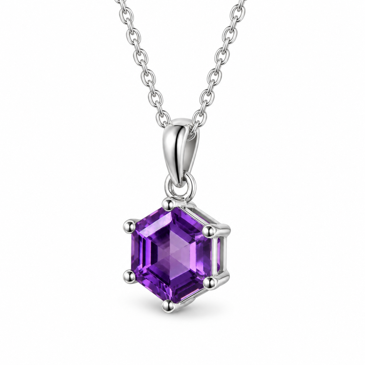 Hexagon Amethyst Vintage Necklace in Sterling Silver — side view