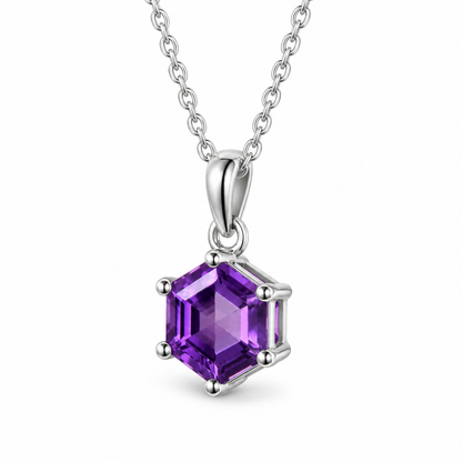Hexagon Amethyst Vintage Necklace in Sterling Silver — side view