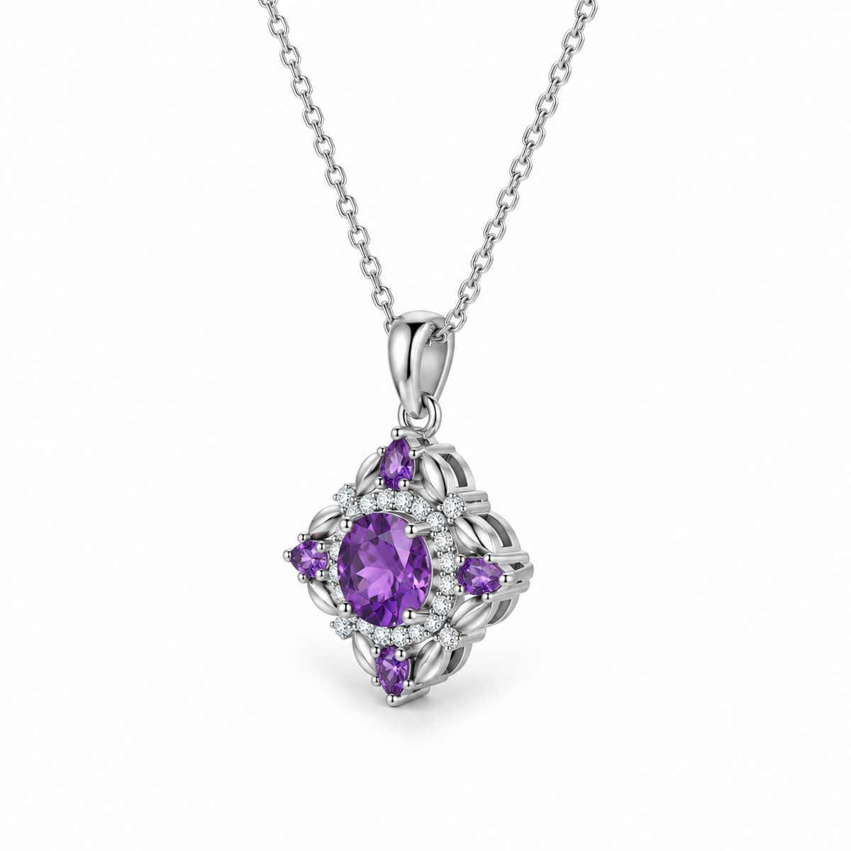 05 amethyst snowdrift sterling silver necklace side view on white