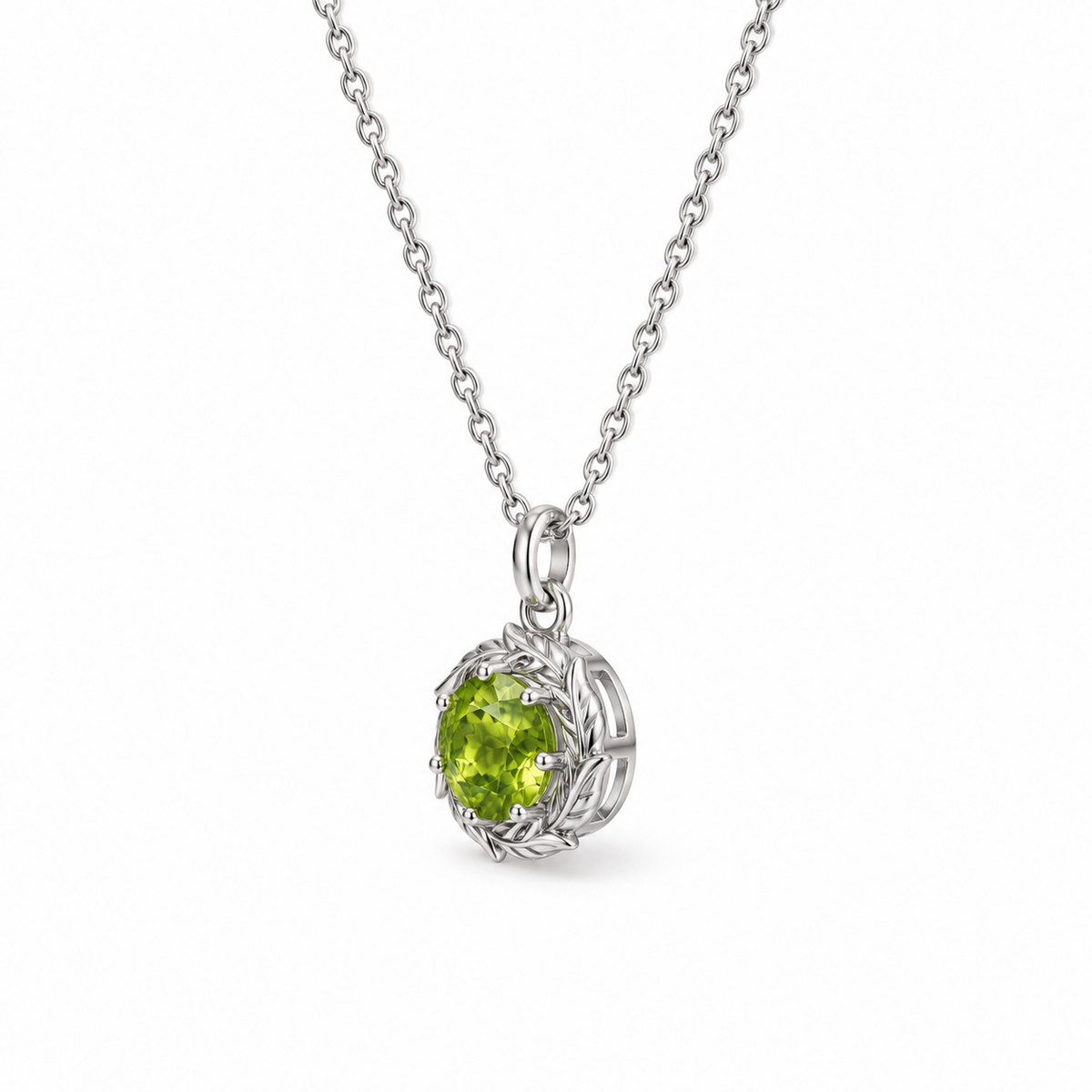 06 peridot botanical sterling silver necklace side view on white