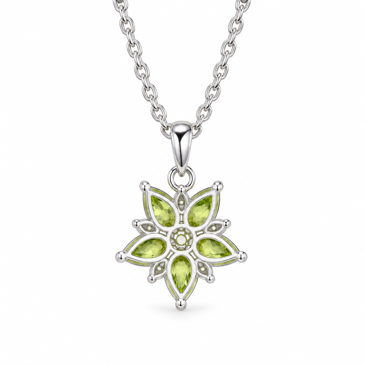 Teardrop Peridot Floral Cluster Necklace in Sterling Silver — back view