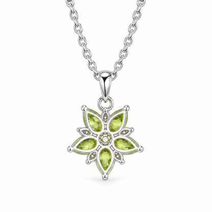 Teardrop Peridot Floral Cluster Necklace in Sterling Silver — back view