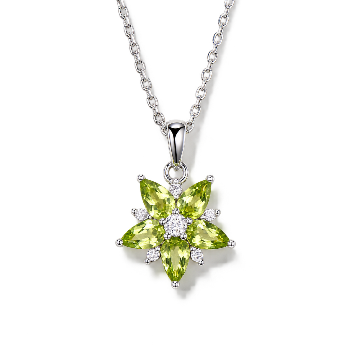 Teardrop Peridot Floral Cluster Necklace in Sterling Silver — front view