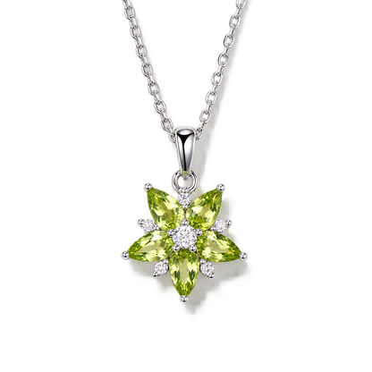 Teardrop Peridot Floral Cluster Necklace in Sterling Silver — front view