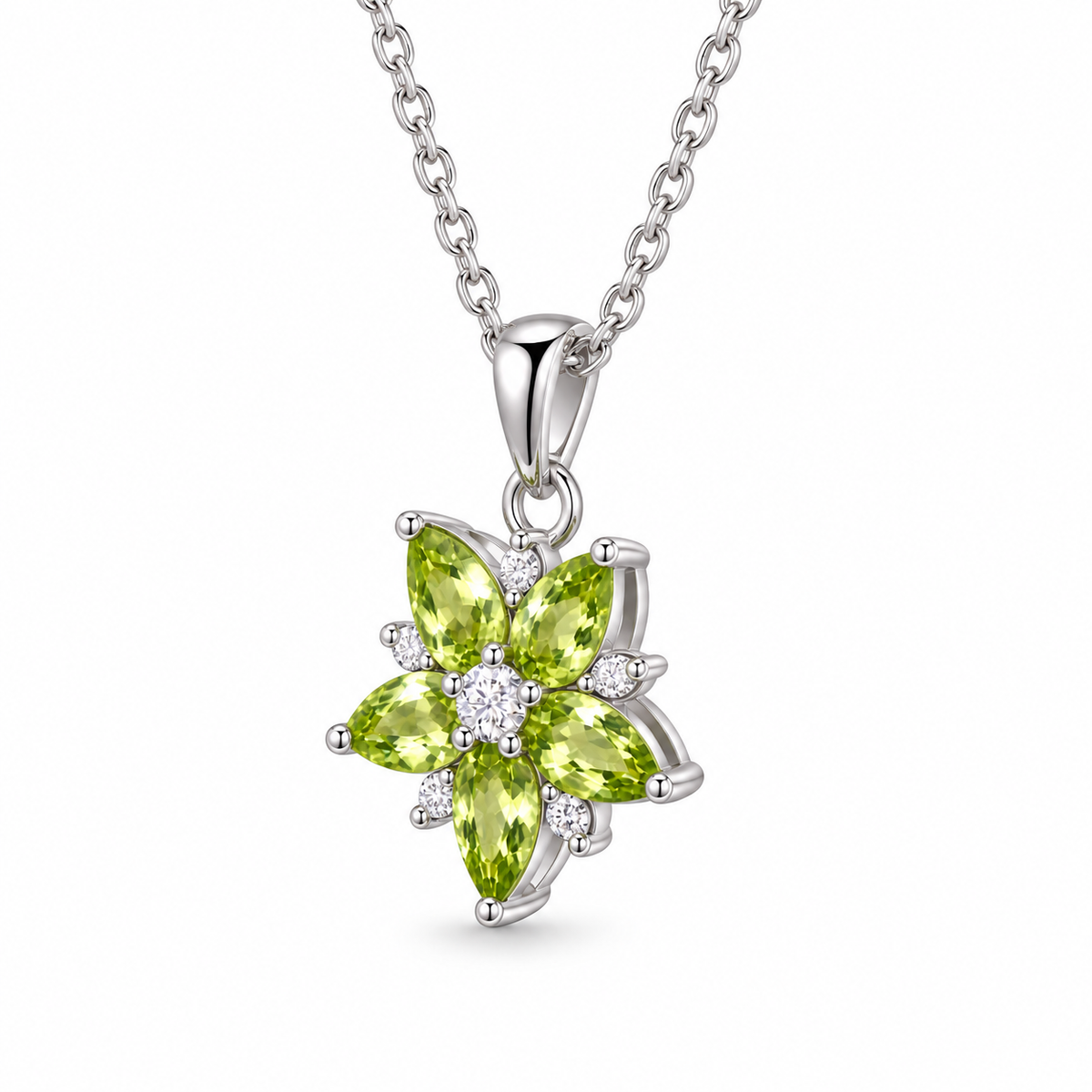 Teardrop Peridot Floral Cluster Necklace in Sterling Silver — side view