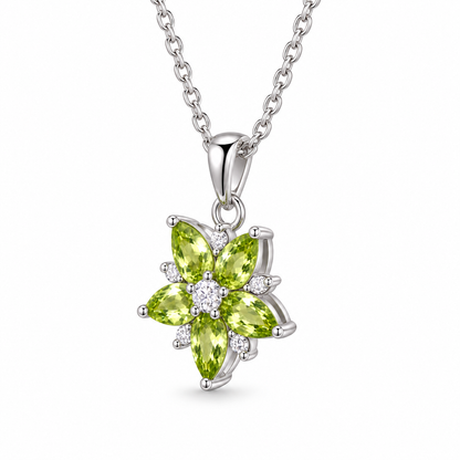 Teardrop Peridot Floral Cluster Necklace in Sterling Silver — side view