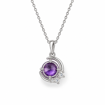07 amethyst crescent sterling silver necklace back view on white