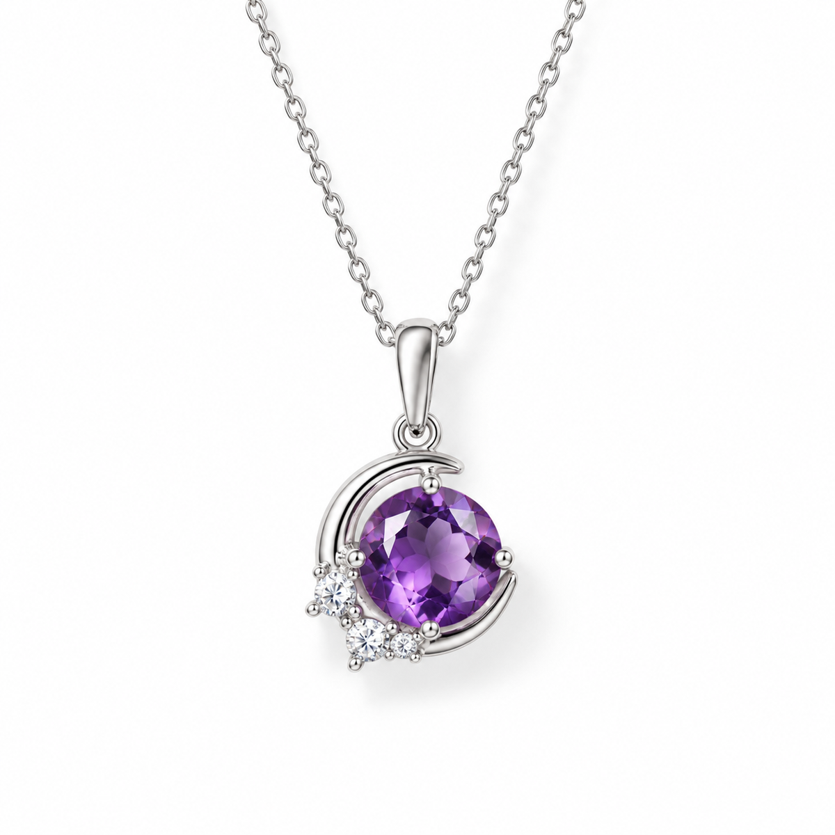 07 amethyst crescent sterling silver necklace front view on white