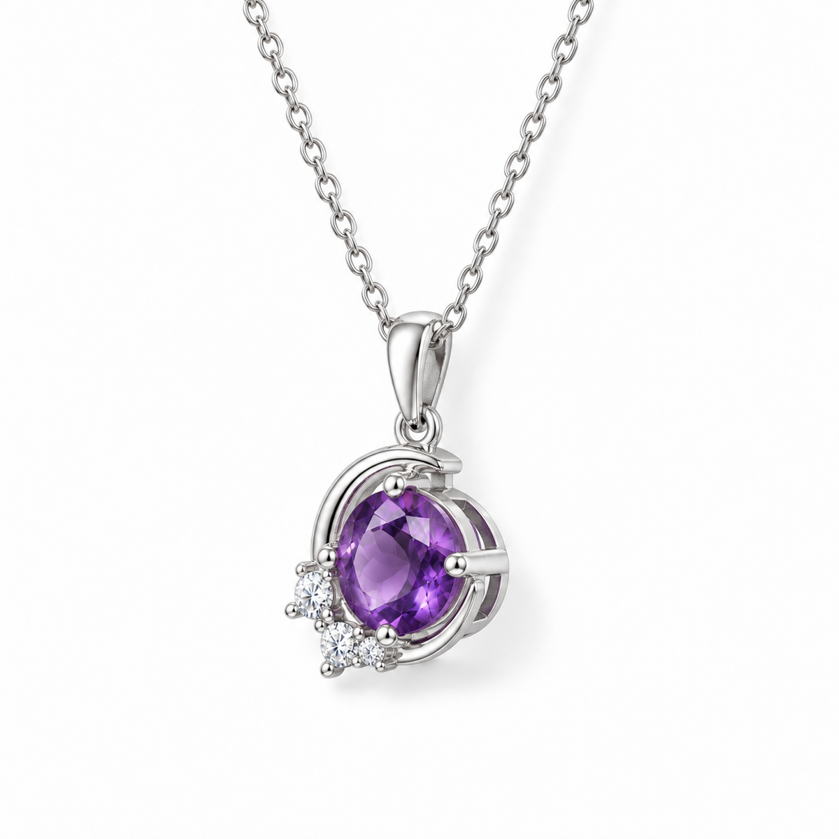 07 amethyst crescent sterling silver necklace side view on white