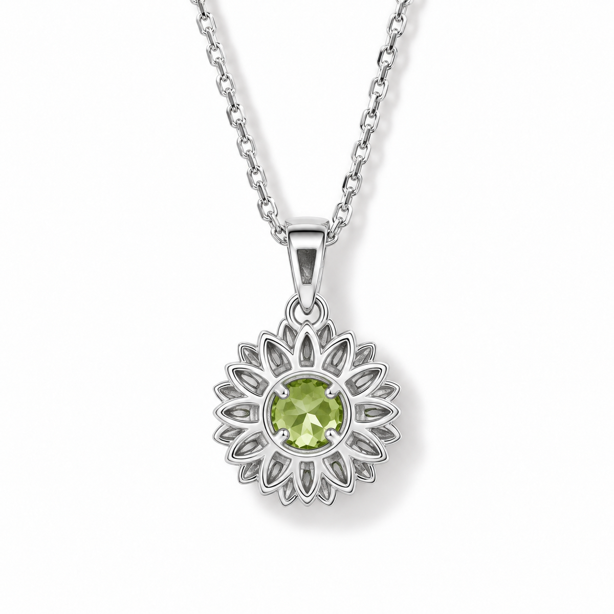 Round Peridot Sunflower Necklace in Sterling Silver — back view
