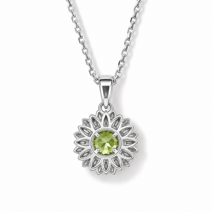 Round Peridot Sunflower Necklace in Sterling Silver — back view