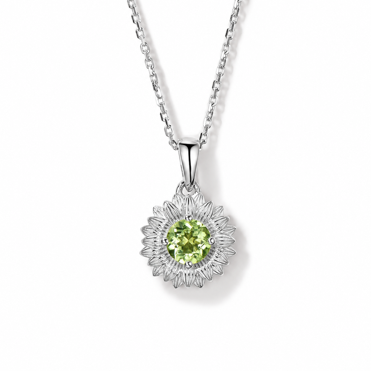 Round Peridot Sunflower Necklace in Sterling Silver — front view