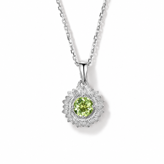 Round Peridot Sunflower Necklace in Sterling Silver — front view