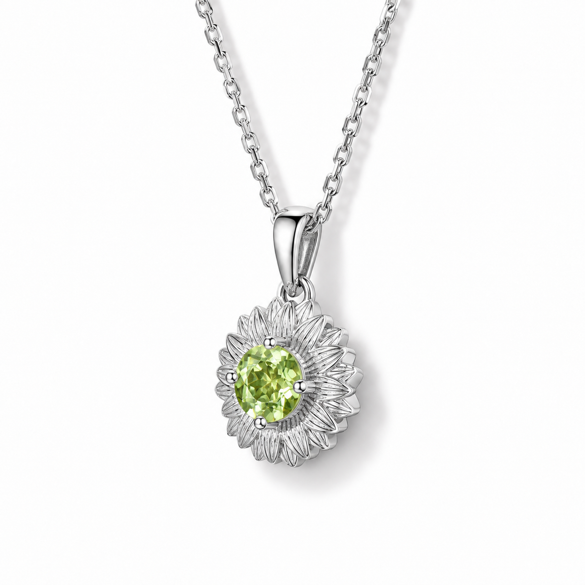 Round Peridot Sunflower Necklace in Sterling Silver — side view