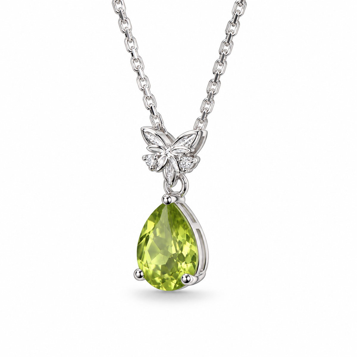 Pear-Cut Peridot Celtic Butterfly Necklace in Sterling Silver — side view