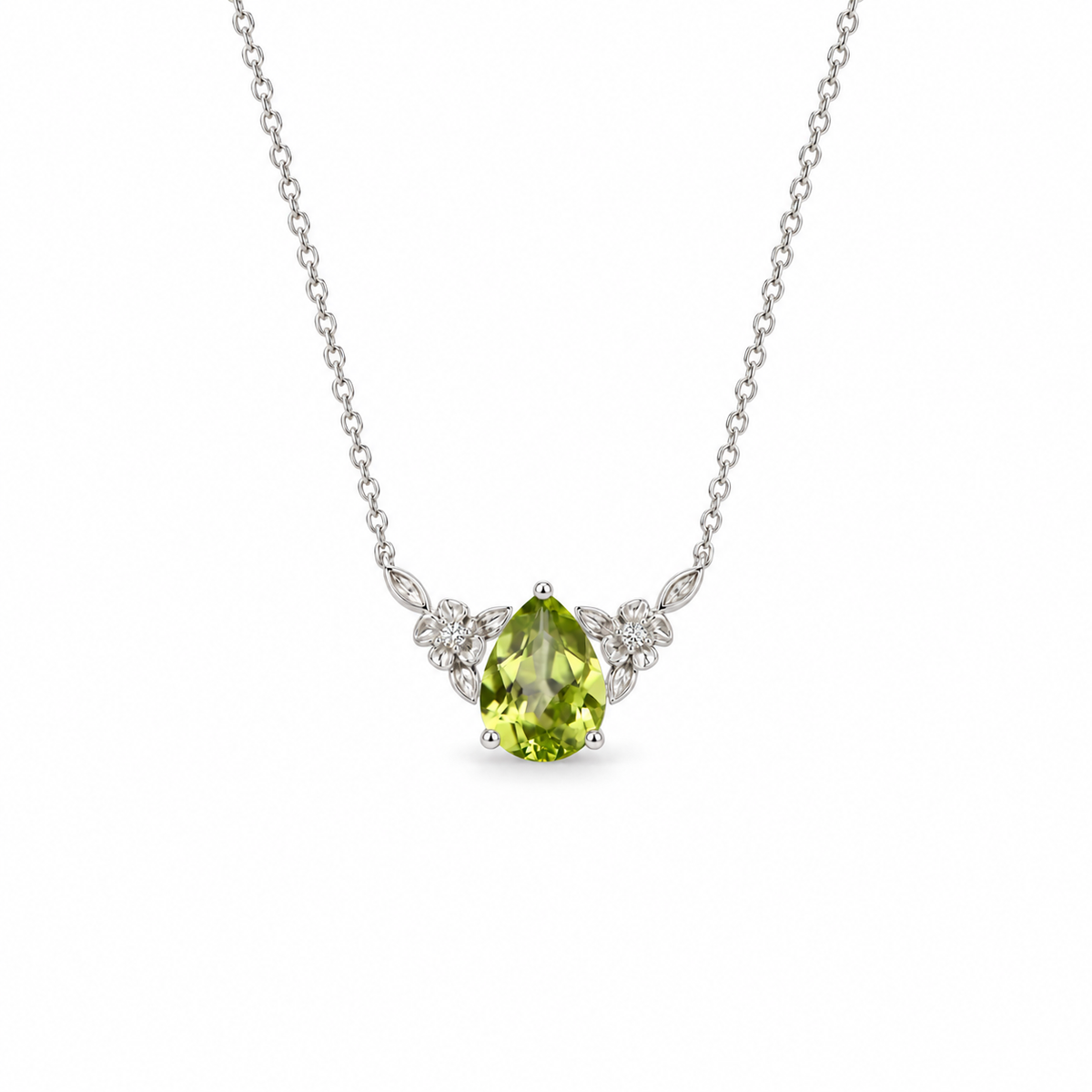08 peridot pear floral sterling silver necklace front view on white