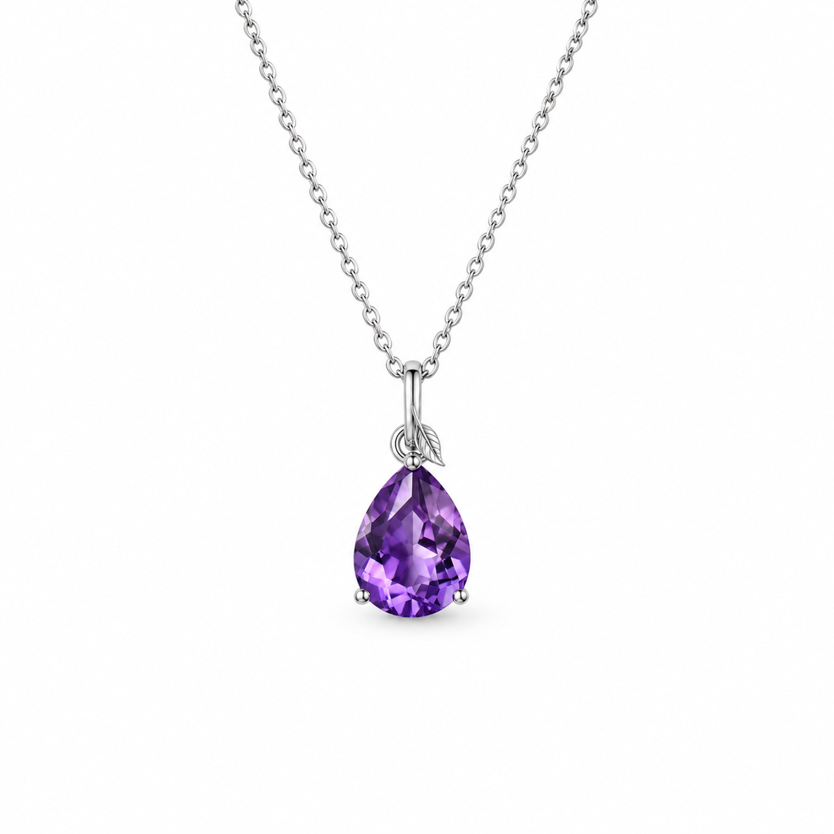 Amethyst pear minimal sterling silver necklace front view on white
