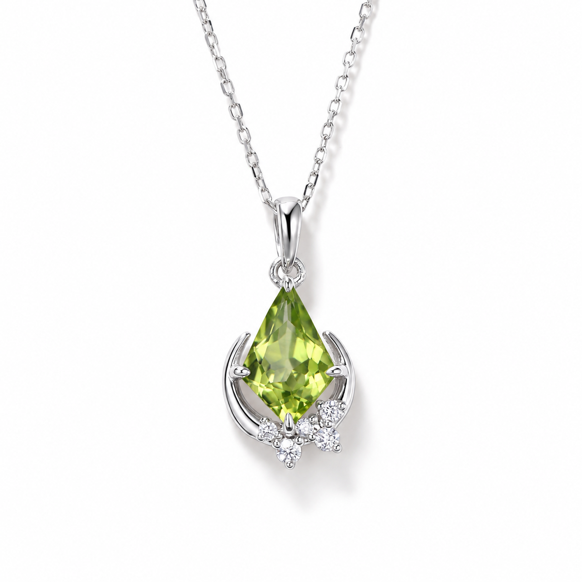 Kite-Cut Peridot Crescent Moon Necklace in Sterling Silver — front view