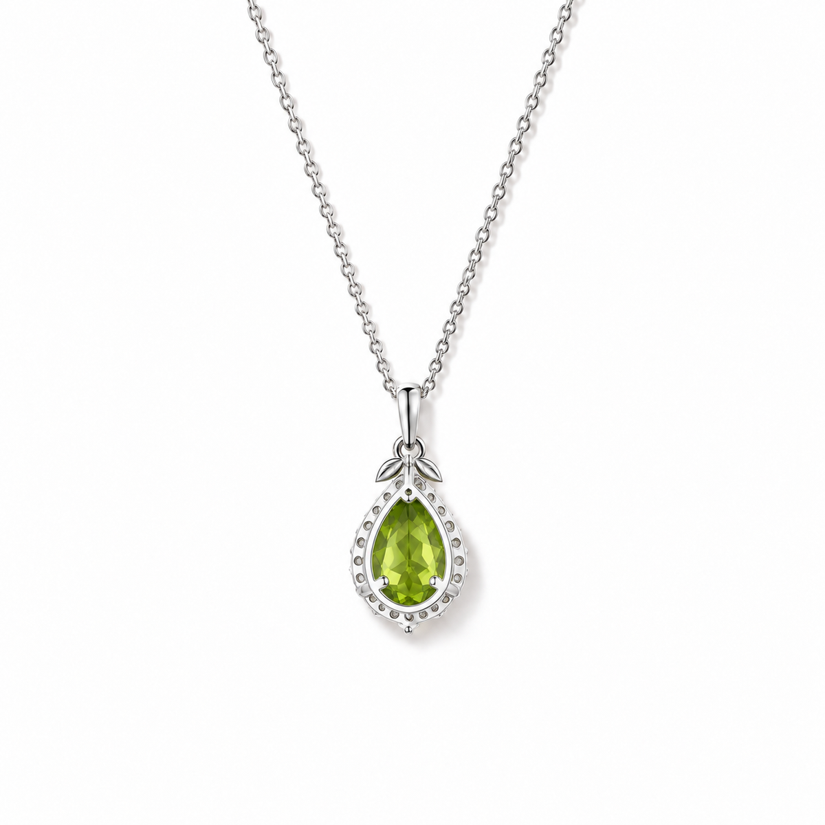 10 peridot pear halo sterling silver necklace back view on white