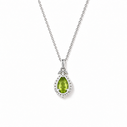 10 peridot pear halo sterling silver necklace back view on white