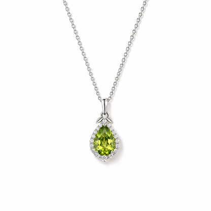 10 peridot pear halo sterling silver necklace front view on white