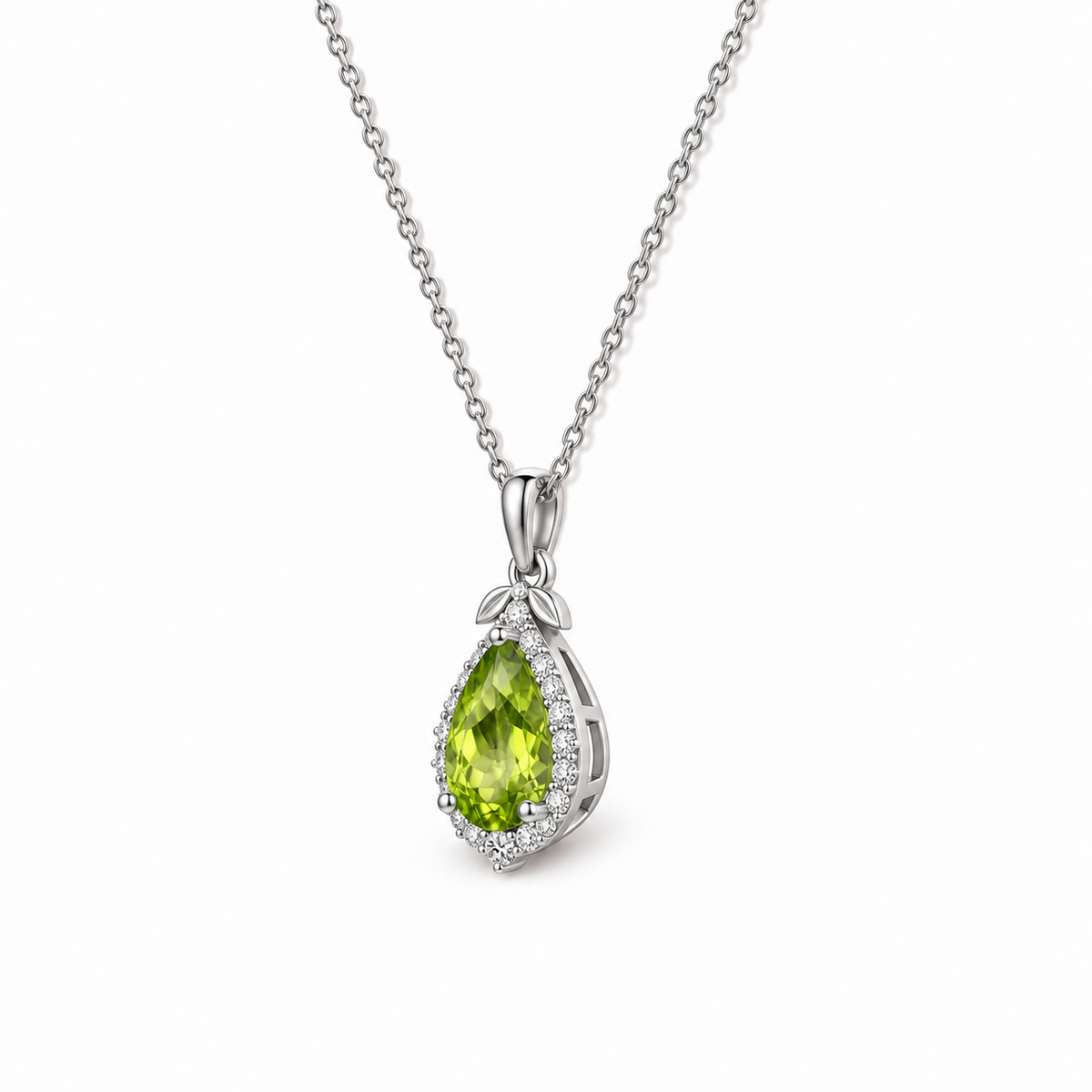 10 peridot pear halo sterling silver necklace side view on white