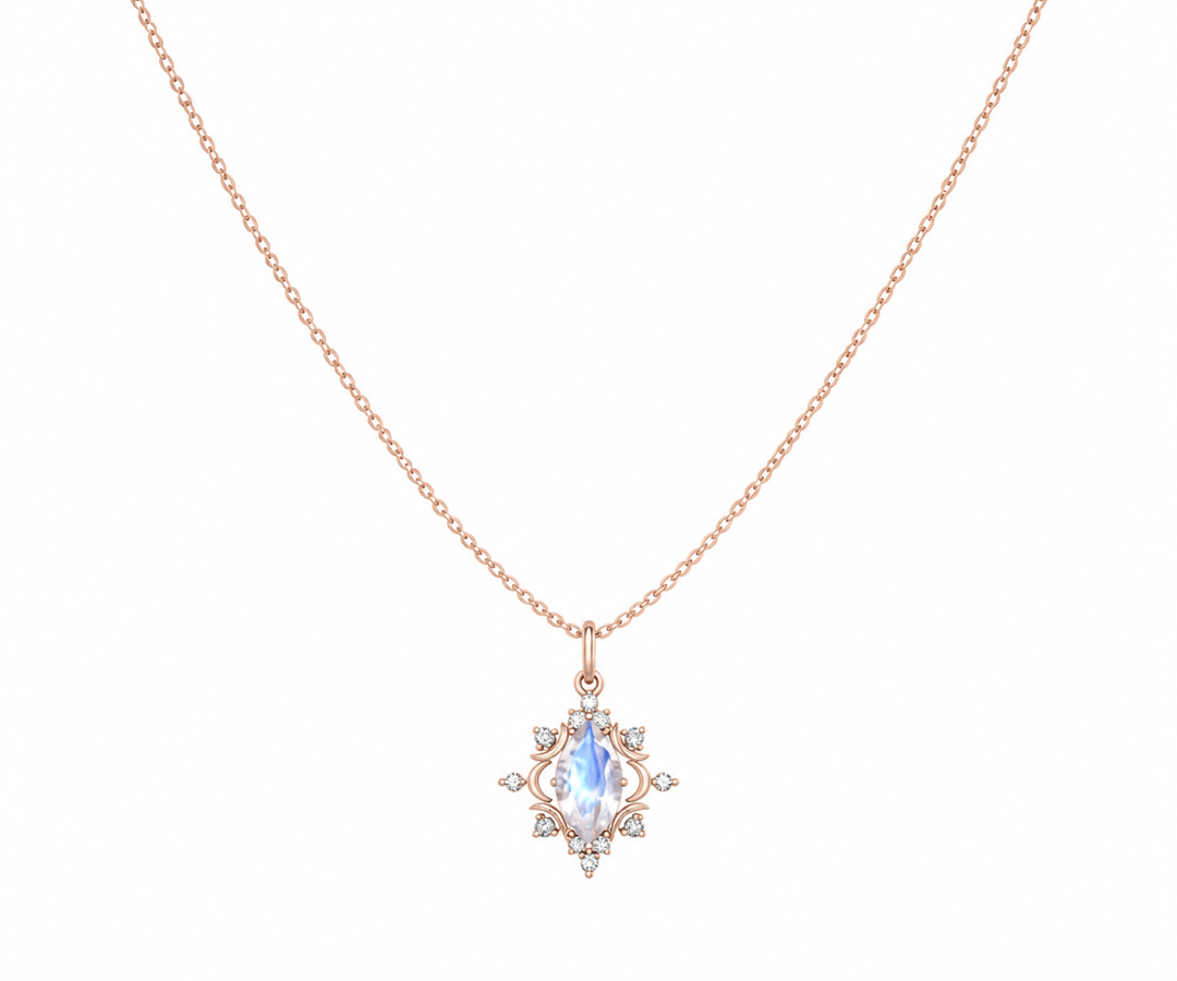 Whispervow Marquise Cut Rainbow Moonstone Necklace Celestial Moon Moissanite Halo Galaxy Necklace Pendant for Women product view 1 of 3
