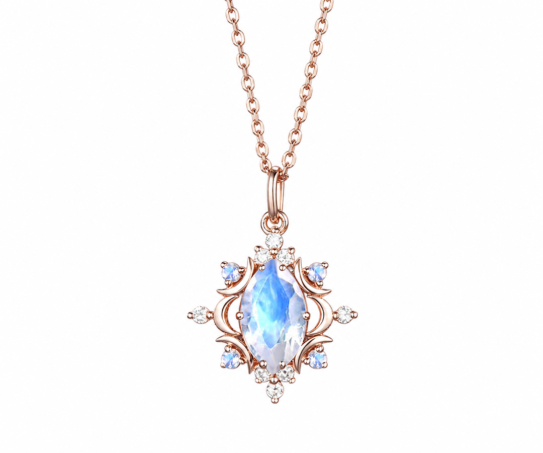Whispervow Marquise Cut Rainbow Moonstone Necklace Celestial Moon Moissanite Halo Galaxy Necklace Pendant for Women product view 2 of 3