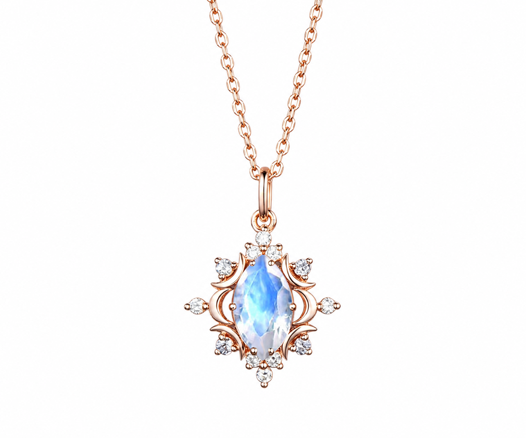 Whispervow Marquise Cut Rainbow Moonstone Necklace Celestial Moon Moissanite Halo Galaxy Necklace Pendant for Women product view 3 of 3