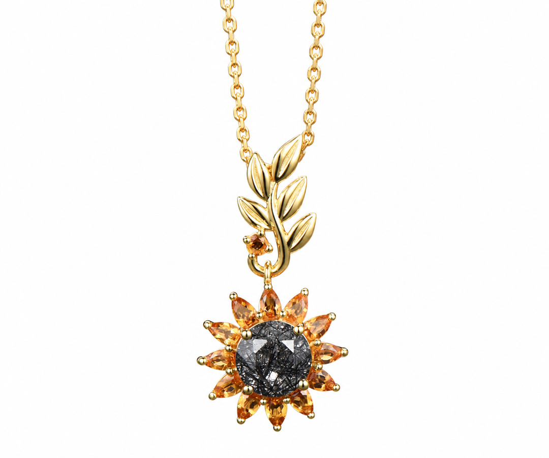 Whispervow Sunflower Charm Necklace Nature Inspired Black Rutilated Quartz Pendant Leaf Design Citrine Halo Necklace product view 1 of 4