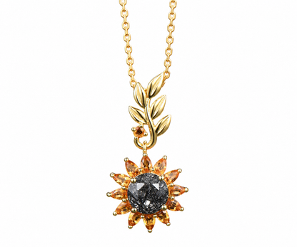 Whispervow Sunflower Charm Necklace Nature Inspired Black Rutilated Quartz Pendant Leaf Design Citrine Halo Necklace product view 1 of 4
