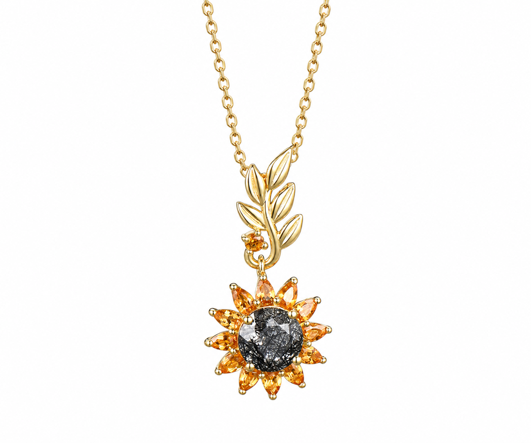 Whispervow Sunflower Charm Necklace Nature Inspired Black Rutilated Quartz Pendant Leaf Design Citrine Halo Necklace product view 2 of 4
