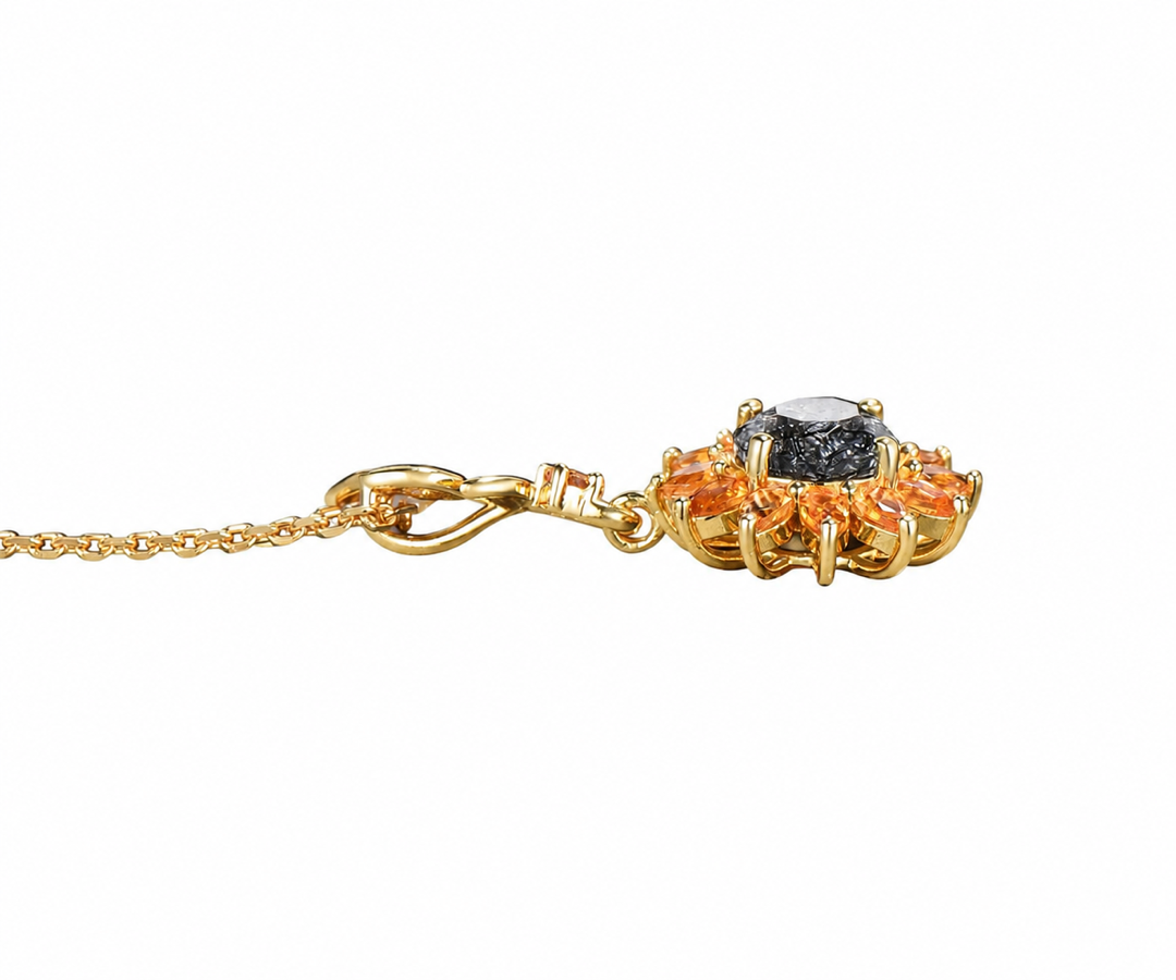 Whispervow Sunflower Charm Necklace Nature Inspired Black Rutilated Quartz Pendant Leaf Design Citrine Halo Necklace product view 3 of 4