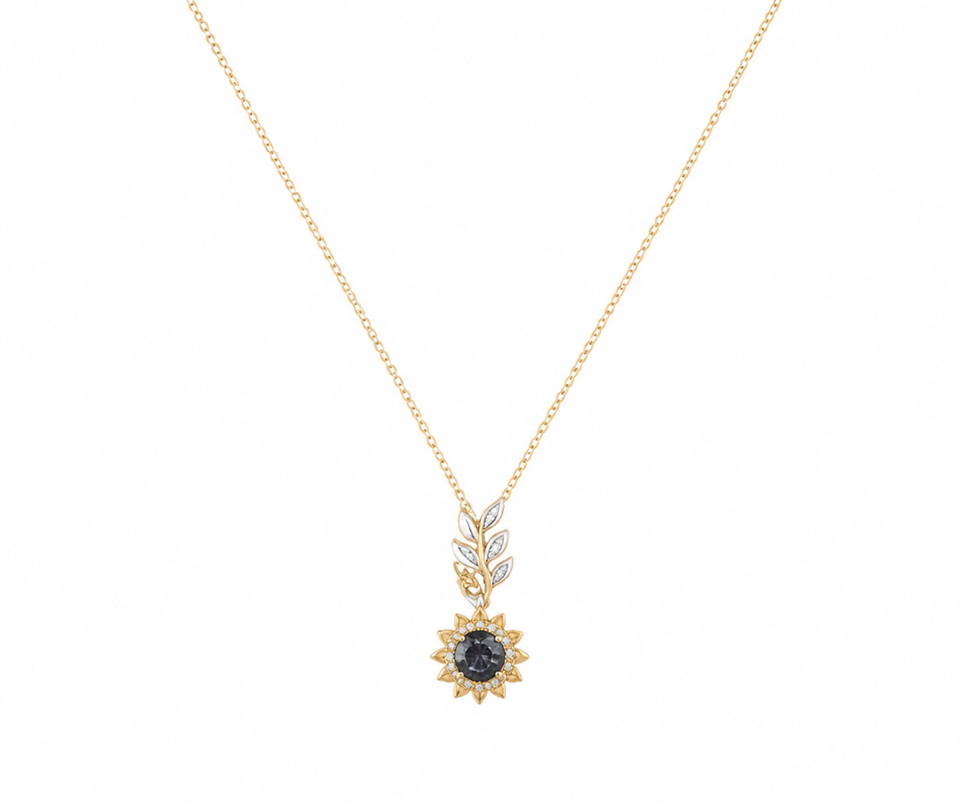 Whispervow Sunflower Charm Necklace Nature Inspired Black Rutilated Quartz Pendant Leaf Design Citrine Halo Necklace product view 4 of 4
