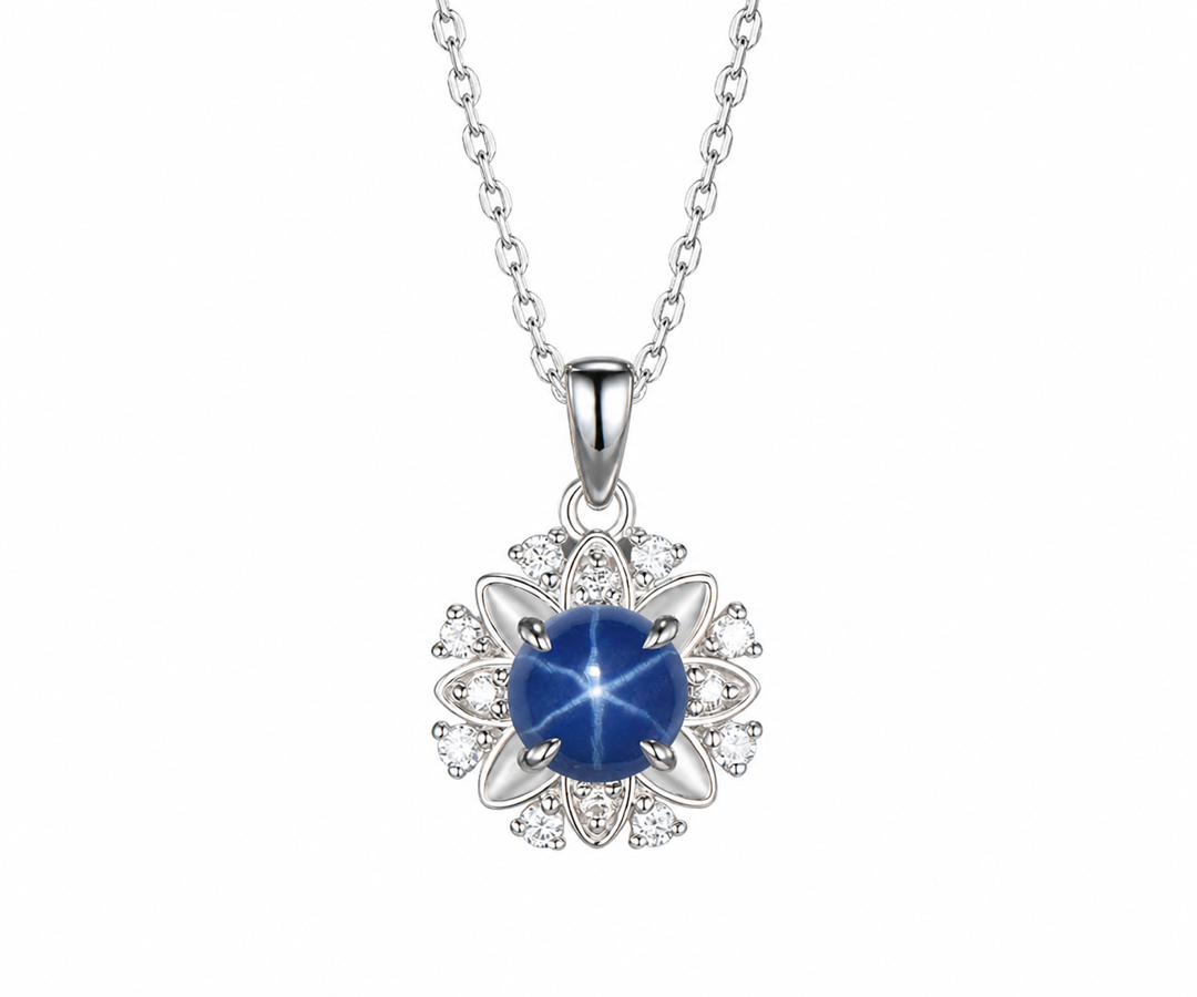 Whispervow 1ct 6.5mm Round Cut Blue Star Sapphire Necklace Art Deco Moissanite Halo Pendant Minimalist product view 1 of 4