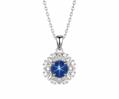 Whispervow 1ct 6.5mm Round Cut Blue Star Sapphire Necklace Art Deco Moissanite Halo Pendant Minimalist product view 1 of 4