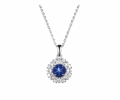 Whispervow 1ct 6.5mm Round Cut Blue Star Sapphire Necklace Art Deco Moissanite Halo Pendant Minimalist product view 3 of 4