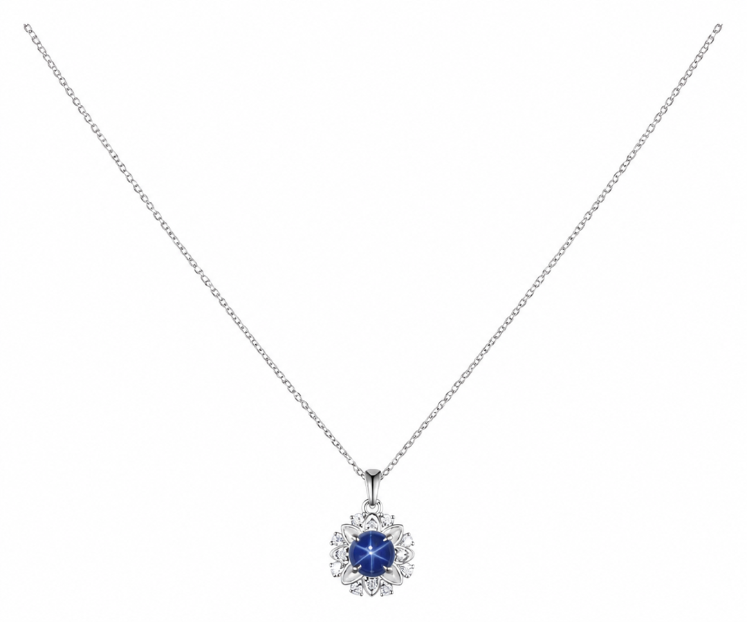 Whispervow 1ct 6.5mm Round Cut Blue Star Sapphire Necklace Art Deco Moissanite Halo Pendant Minimalist product view 4 of 4