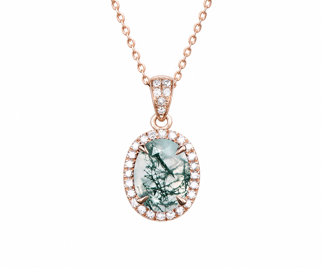 Whispervow 2ct oval cut green moss agate necklace vintage unique halo diamond necklace pendant women product view 1 of 4