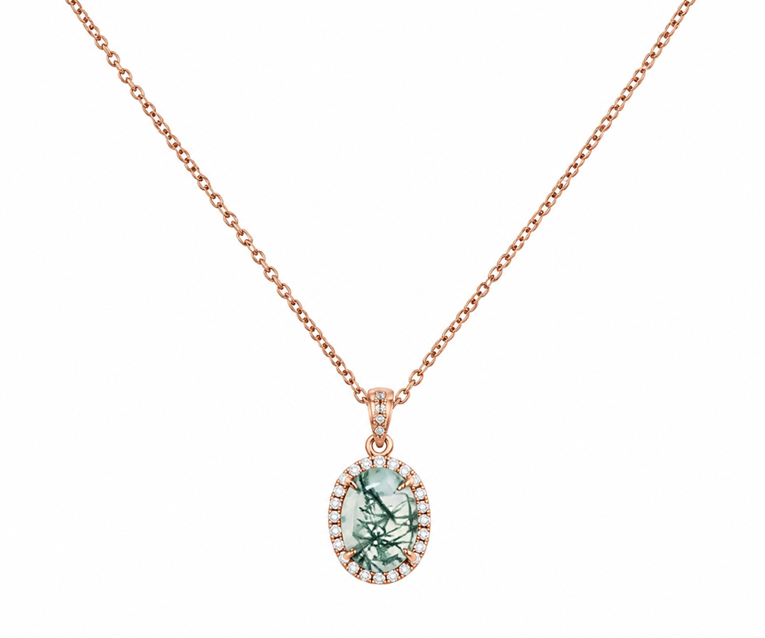 Whispervow 2ct oval cut green moss agate necklace vintage unique halo diamond necklace pendant women product view 2 of 4