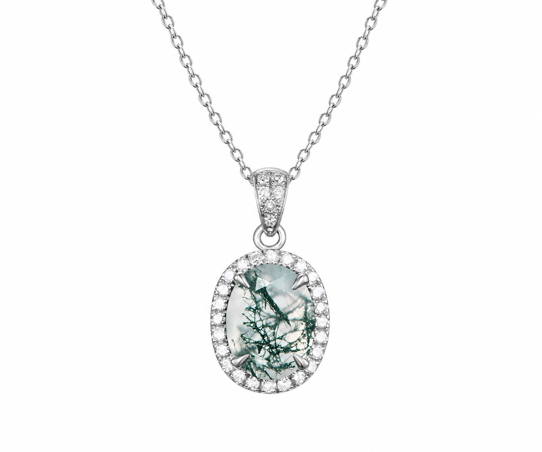 Whispervow 2ct oval cut green moss agate necklace vintage unique halo diamond necklace pendant women product view 3 of 4
