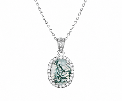 Whispervow 2ct oval cut green moss agate necklace vintage unique halo diamond necklace pendant women product view 3 of 4